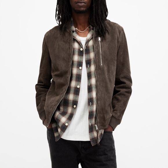 All Saints Men's Kemble Suede Bomber Jacket in Woodland Brown - Size Small - Picture 1 of 10